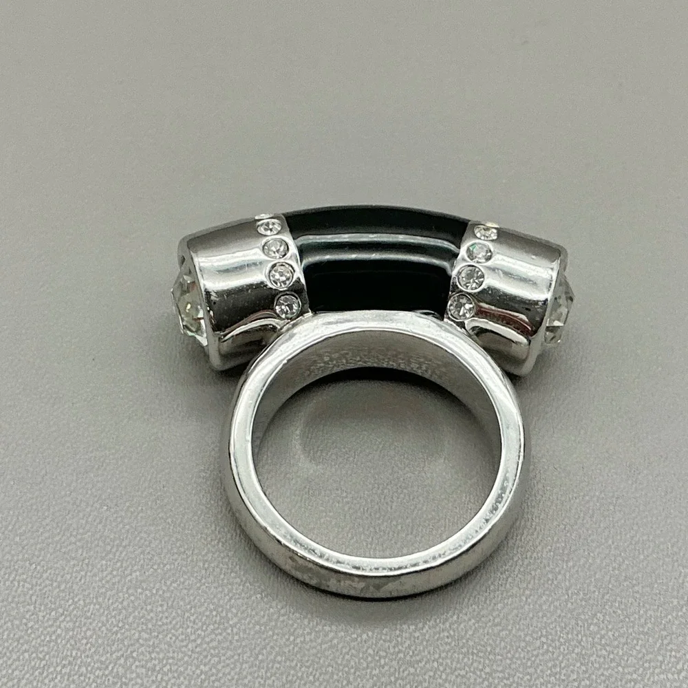 Lia Sophia Ring Black Enamel Crystal Silver Tone Statement Ring Size 8
